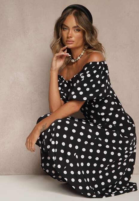 Czarna Sukienka Hiszpanka Vices w Kropki o Rozkloszowanym Kroju Zilua