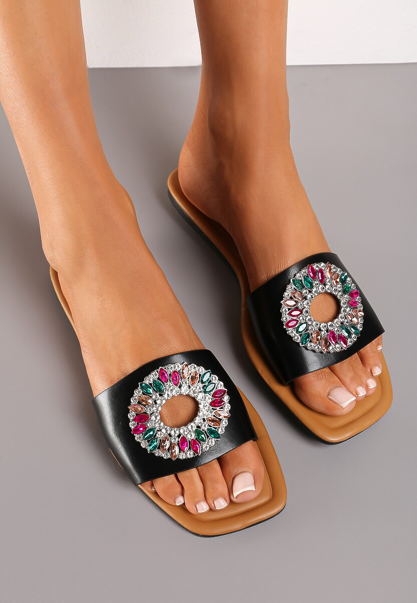 Niebieskie Klapki Ozdobione Okrągłą Blaszką z Kolorowymi Cyrkoniami Sidraka