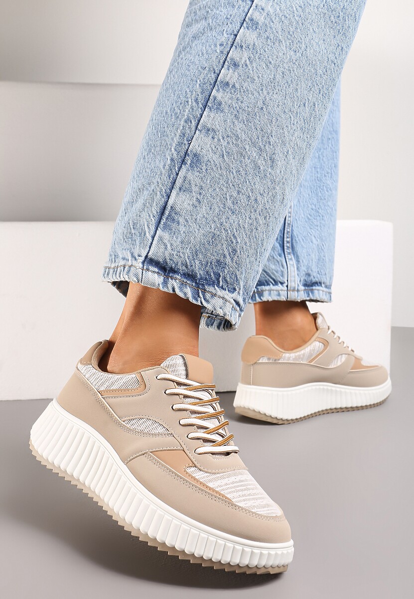 Ciemnobeżowe Sneakersy na Ozdobnej Grubej podeszwie z Brokatem Gelnia