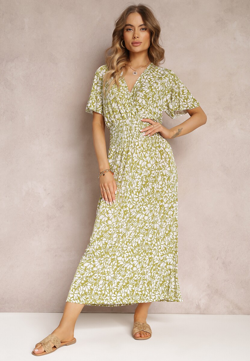 Jasnozielona Rozkloszowana Sukienka Maxi w Kwiaty z Gumką w Pasie Aeyana