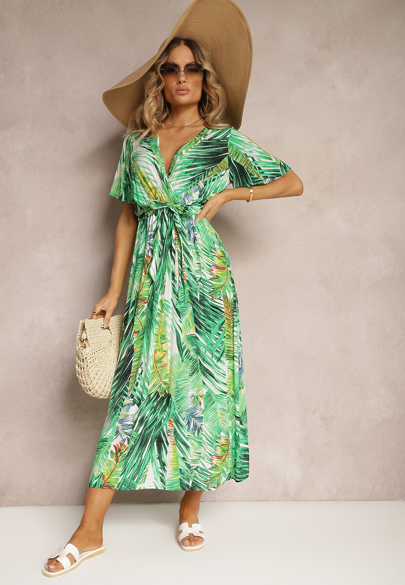 Biało-Zielona Wiskozowa Sukienka Kopertowa z Gumką i Paskiem w Talii Kiremia