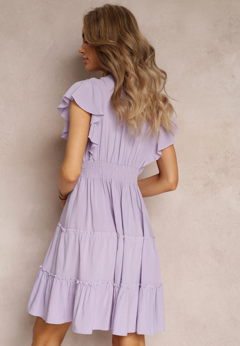 Fioletowa Taliowana Sukienka Mini Ozdobiona Falbankami Salleni