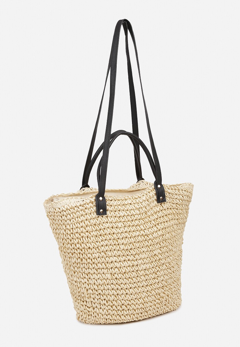 Czarno-Beżowa Torebka z Plecionki z Dodatkową Kieszonką z Ekoskóry Cosina