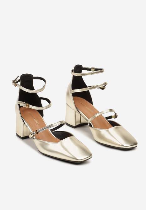 Złote Czółenka na Słupku Wykończone Paskami ze Sprzączkami i Kwadratowym Noskiem Naviana