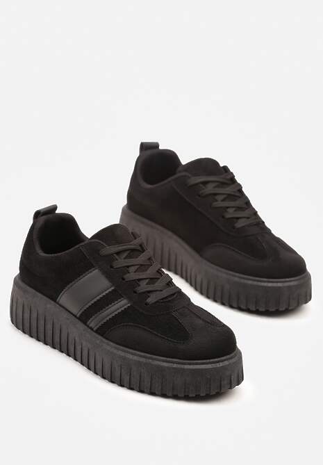Czarne Sneakersy na Tłoczonej Platformie z Paskami Rilasena