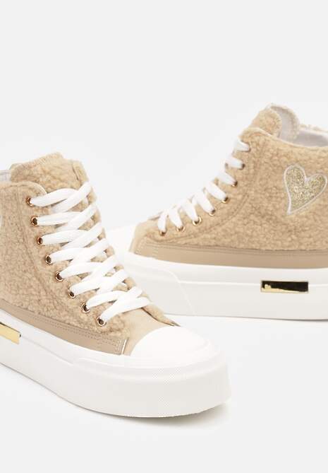 Ciemnobeżowe Brokatowe Trampki na Platformie z Cholewką za Kostkę Nevirosa