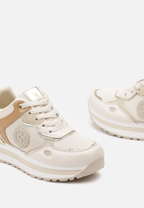 Beżowe Sneakersy na Niskiej Platformie z Metalicznym Paskiem za Kostkę Dapphira