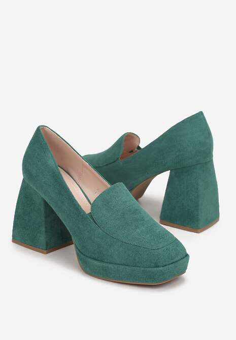 Zielone Półbuty na Geometrycznym Słupku z Kwadratowym Noskiem Vathuvie