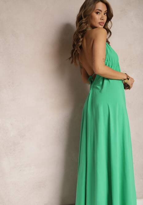 Zielona Rozkloszowana Sukienka Wiązana na Szyi i Plecach z Wiskozy Weilin