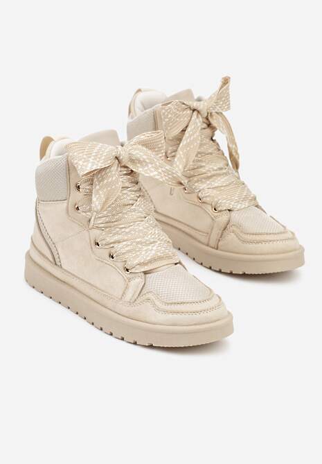Beżowe Sneakersy Ozdobione Sznurówkami w Geometryczny Wzór Avoslia