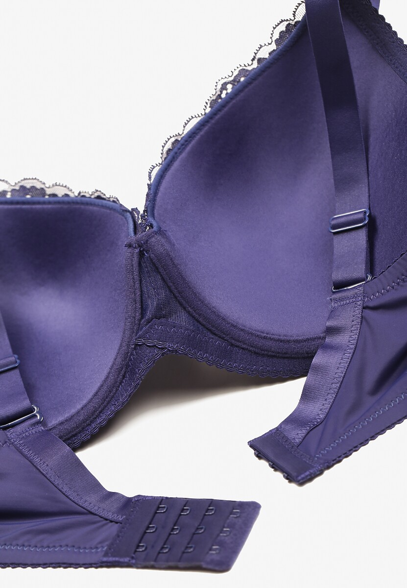 Granatowy Biustonosz z Wszytymi Gąbeczkami na Regulowanych Ramiączkach Ozdobiony Koronką Ellpina