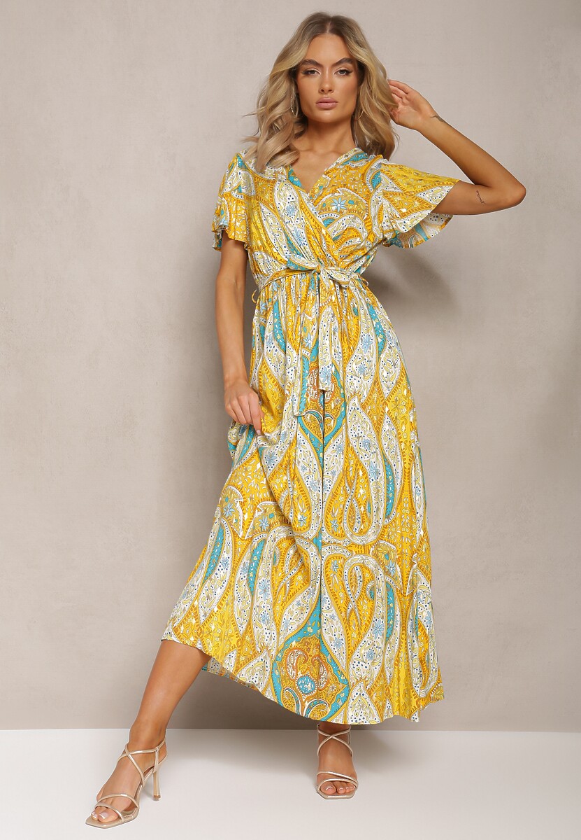 Pomarańczowa Rozkloszowana Sukienka o Kopertowym Fasonie z Paskiem i Ozdobnym Wzorem Briarwin