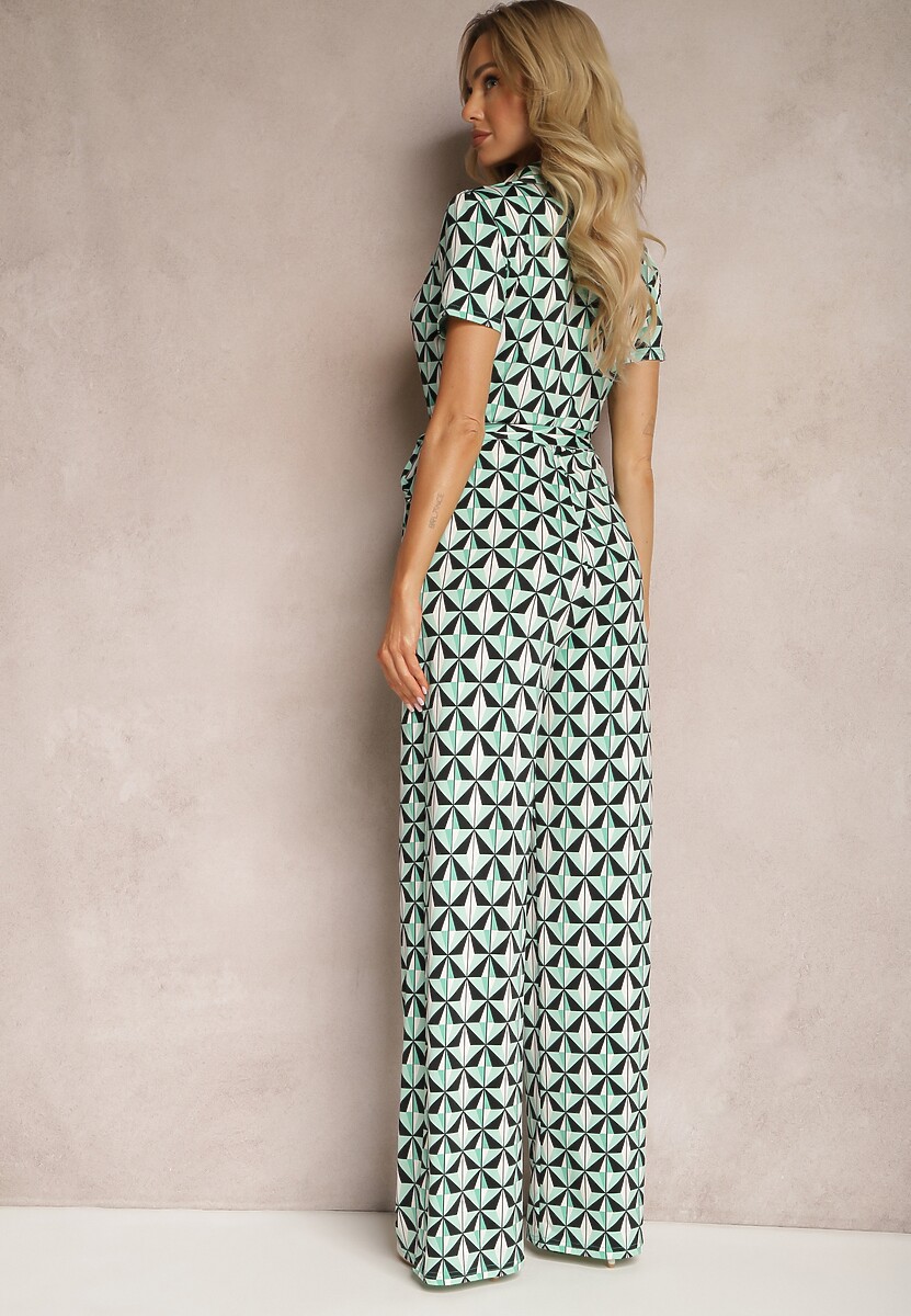 Zielony Długi Kombinezon Wiązany w Pasie z Kopertowym Dekoltem w Mozaikowy Wzór Maellias