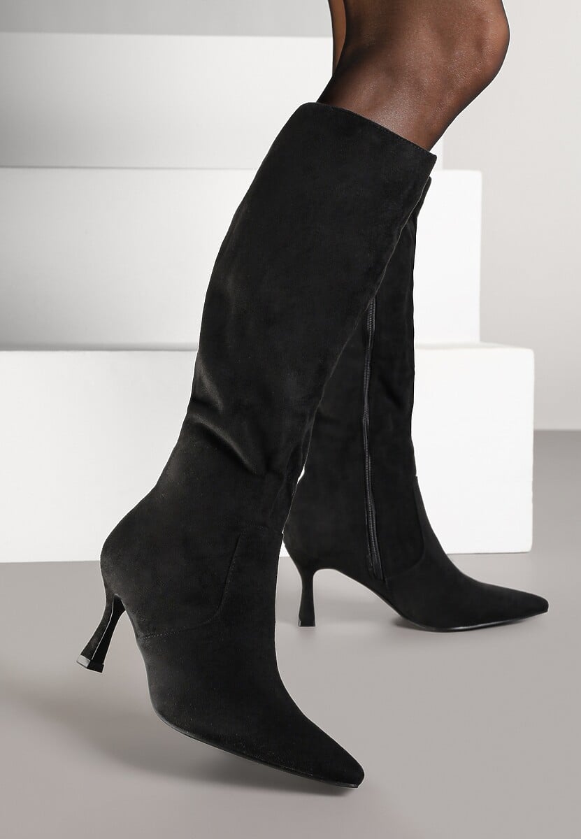 Czarne Eleganckie Kozaki Vices z Ekozamszu na Szpilce Izaiella