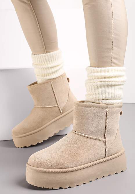 Beżowe Śniegowce za Kostkę na Platformie Ocieplane Futerkiem Divena