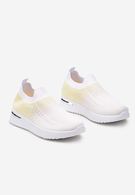 Biało-Żółte Buty Sportowe z Nadrukiem Obmre i Skarpetkową Cholewką Erinevia