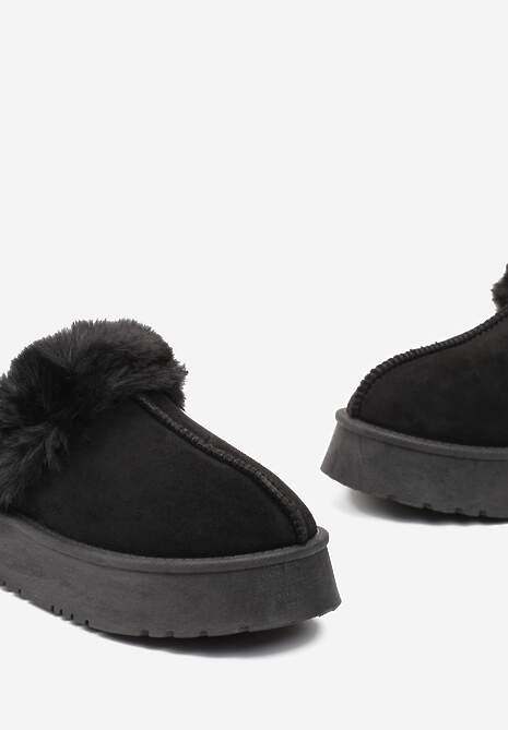 Czarne Kapcie na Platformie z Ekozamszu z Futerkiem Livorn
