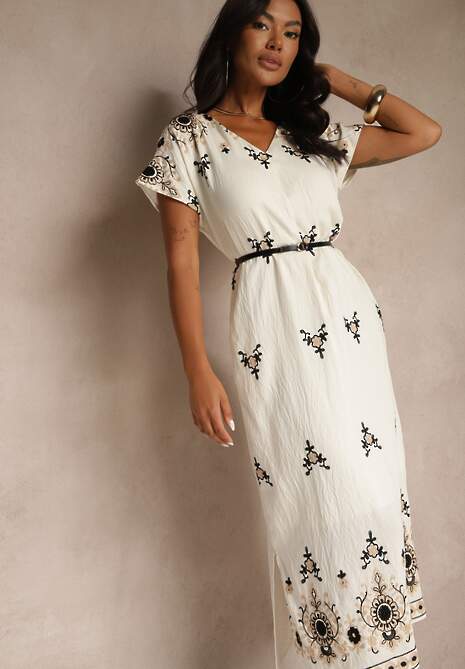 Biało-Czarna Sukienka z Wiskozy ze Wzorem w Stylu Etno Meluriela