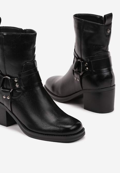 Czarne Botki na Słupku w Stylu Kowbojek z Klamrami Irivaria