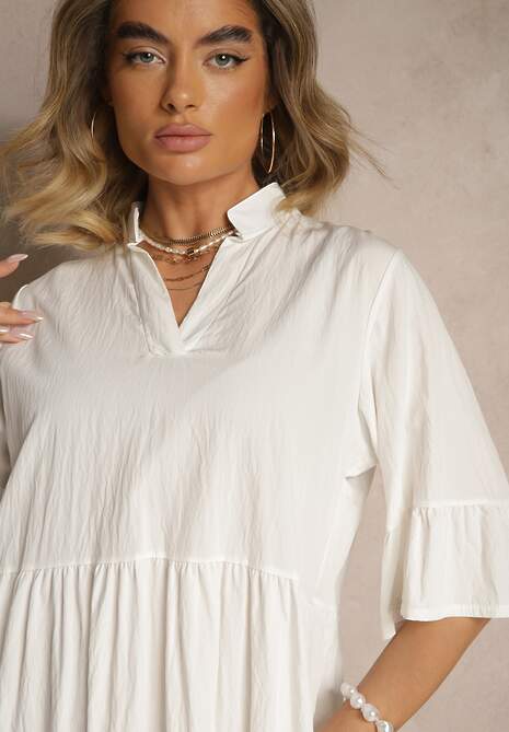 Biała Rozkloszowana Sukienka z Wiskozą i Falbanami Eviranna