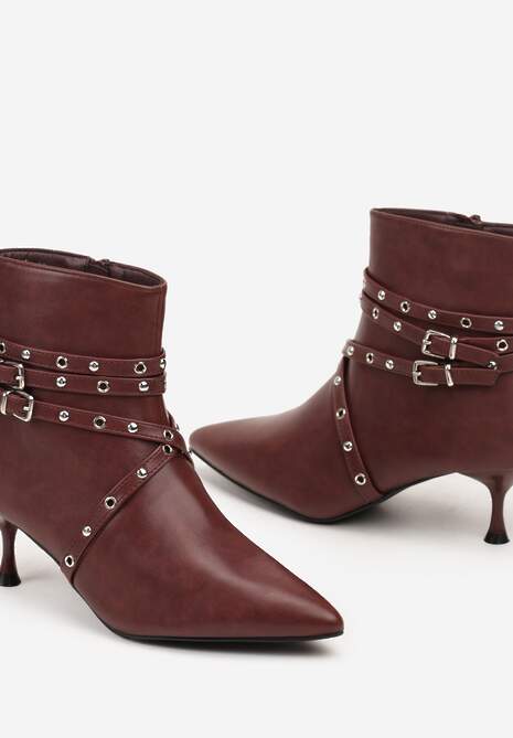 Bordowe Botki na Niskim Obcasie z Ozdobnymi Paseczkami z Nitami i Sprzączkami Lobelina