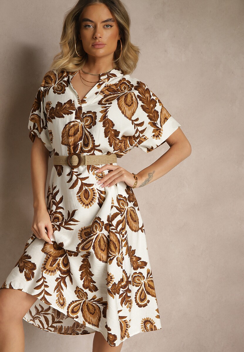 Bordowa Sukienka z Lnem i Wiskozą w Etniczne Kwiaty o Pudełkowym Kroju Natireia