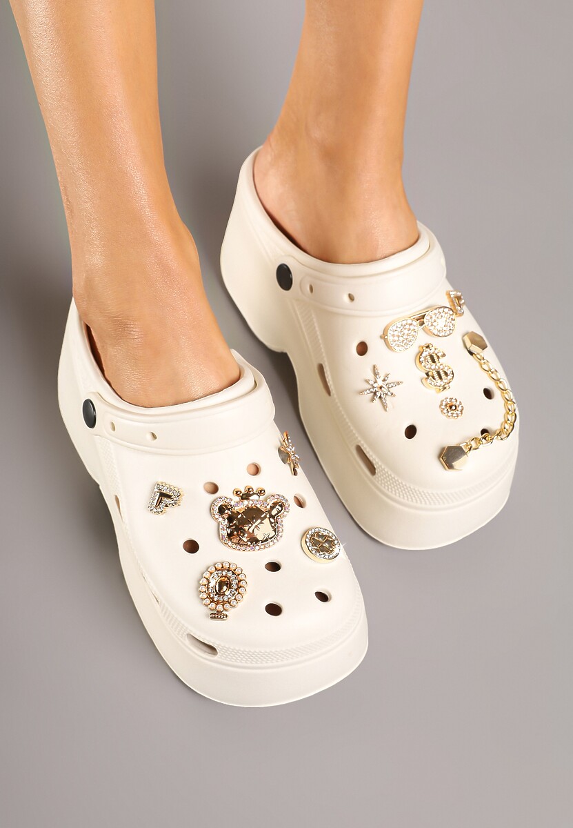 Beżowe Piankowe Klapki na Grubej Podeszwie z Wycięciami i Aplikacjami Lilseki