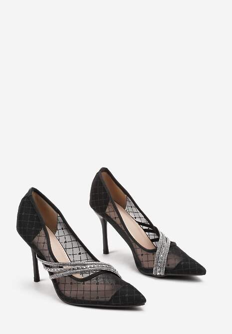 Czarne Siateczkowe Szpilki Ozdobione Brokatem i Cyrkoniami Stardis