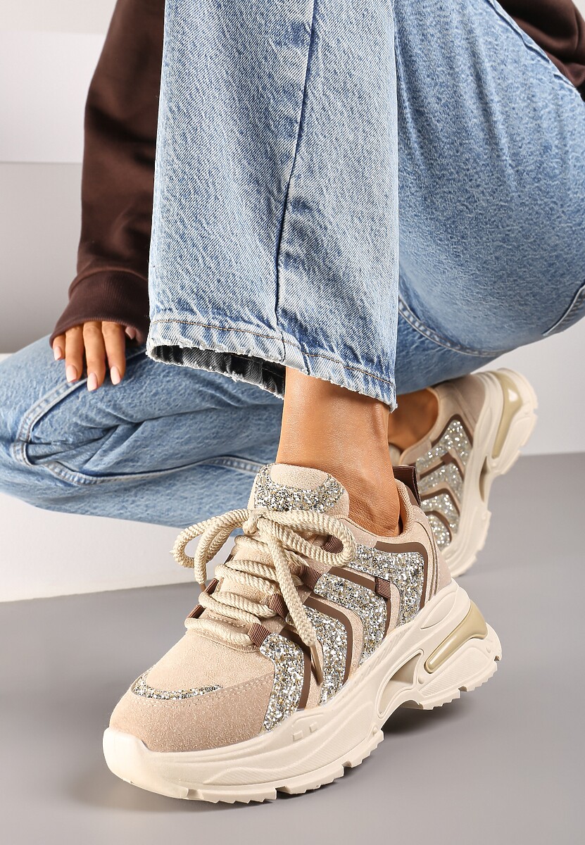 Beżowo-Zielone Sznurowane Sneakersy na Platformie Ozdobione Brokatem Ewla