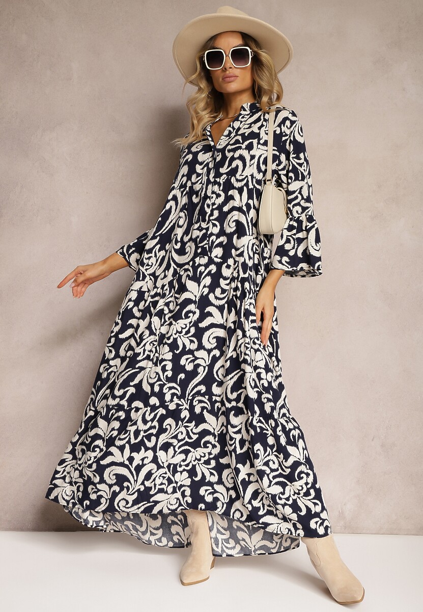 Granatowa Rozkloszowana Sukienka z Wiskozy w Ornamentalny Wzór Irlilena