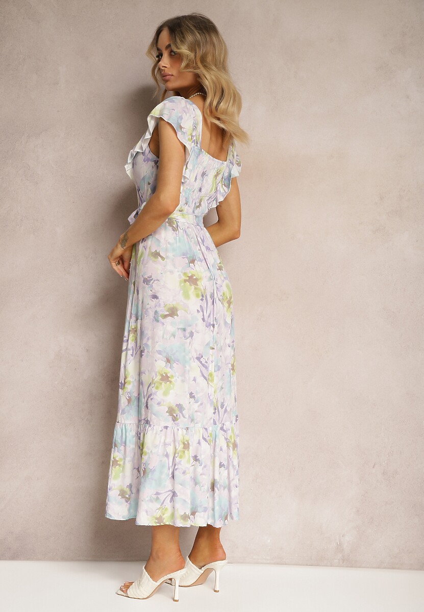 Jasnofioletowa Kwiecista Sukienka z Wiskozy z Falbanką na Ramiączkach z Materiałowym Paskiem Nuclemia