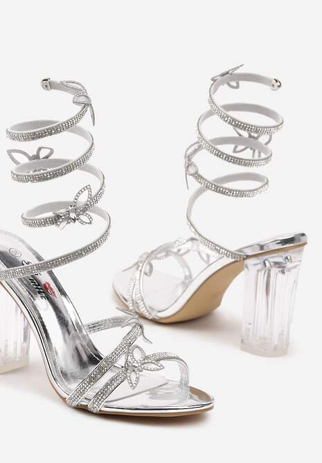 Srebrne Sandały na Transparentnym Słupku z Ozdobami 3D i Cyrkoniami Tatirina