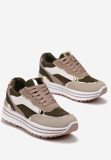 Zielone Sneakersy na Wysokiej Podeszwie z Błyszczącymi Wstawkami Lovana