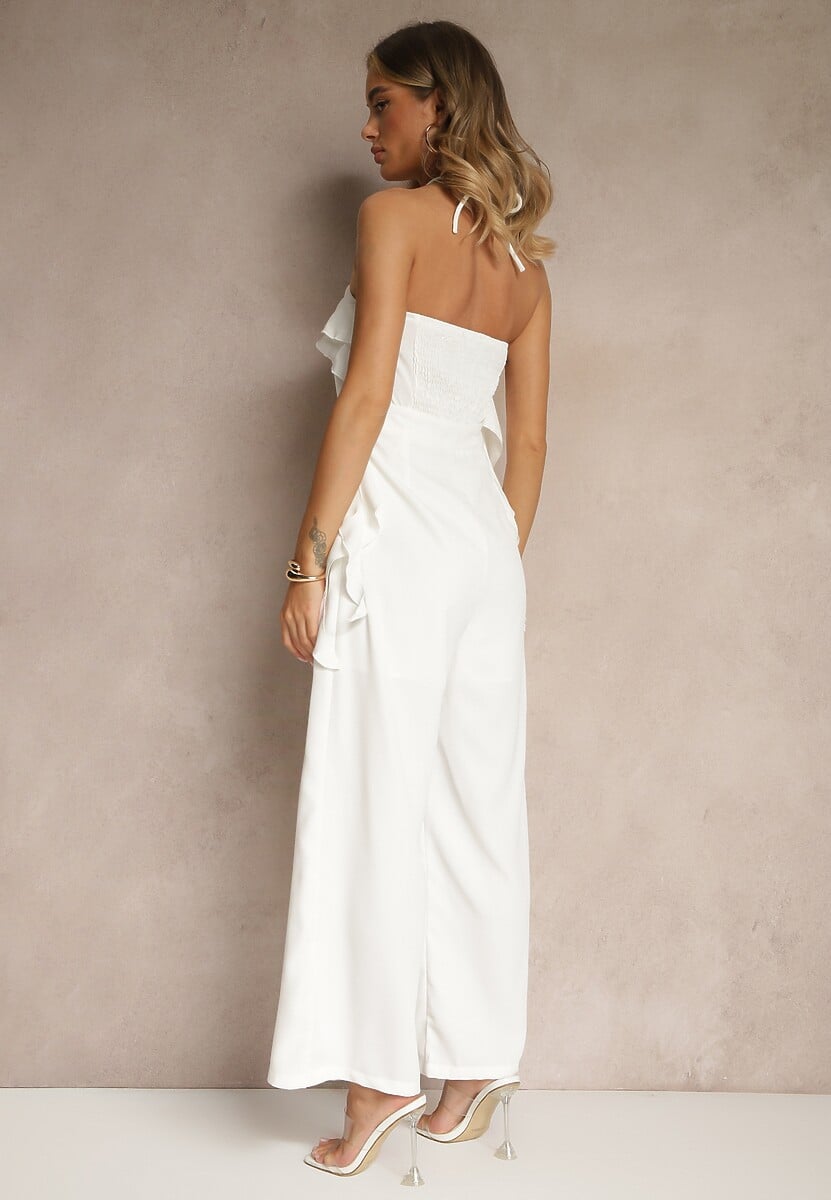 Biały Asymetryczny Kombinezon Ozdobiony Metaliczną Aplikacją Tilfina