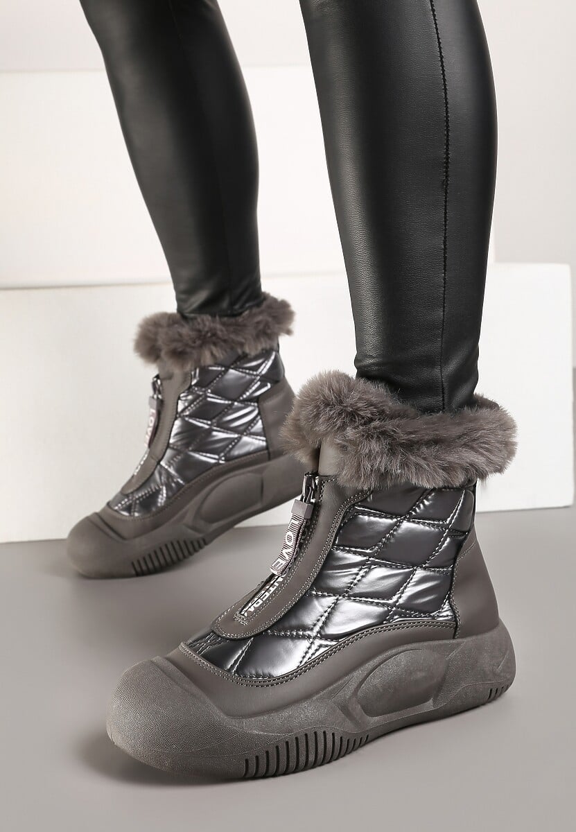 Szare Śniegowce Vices na Platformie z Pikowaną Cholewką i Futerkiem Gemitana