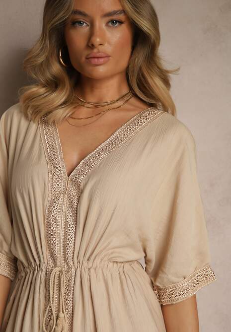 Beżowa Sukienka z Wiskozy Ozdobiona Ażurowymi Wstawkami Aloviana