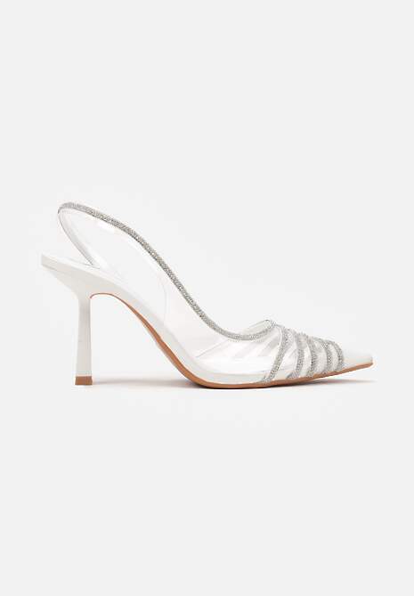 Białe Transparentne Sandały na Obcasie ze Szpiczastym Noskiem i Cyrkoniami Felissin