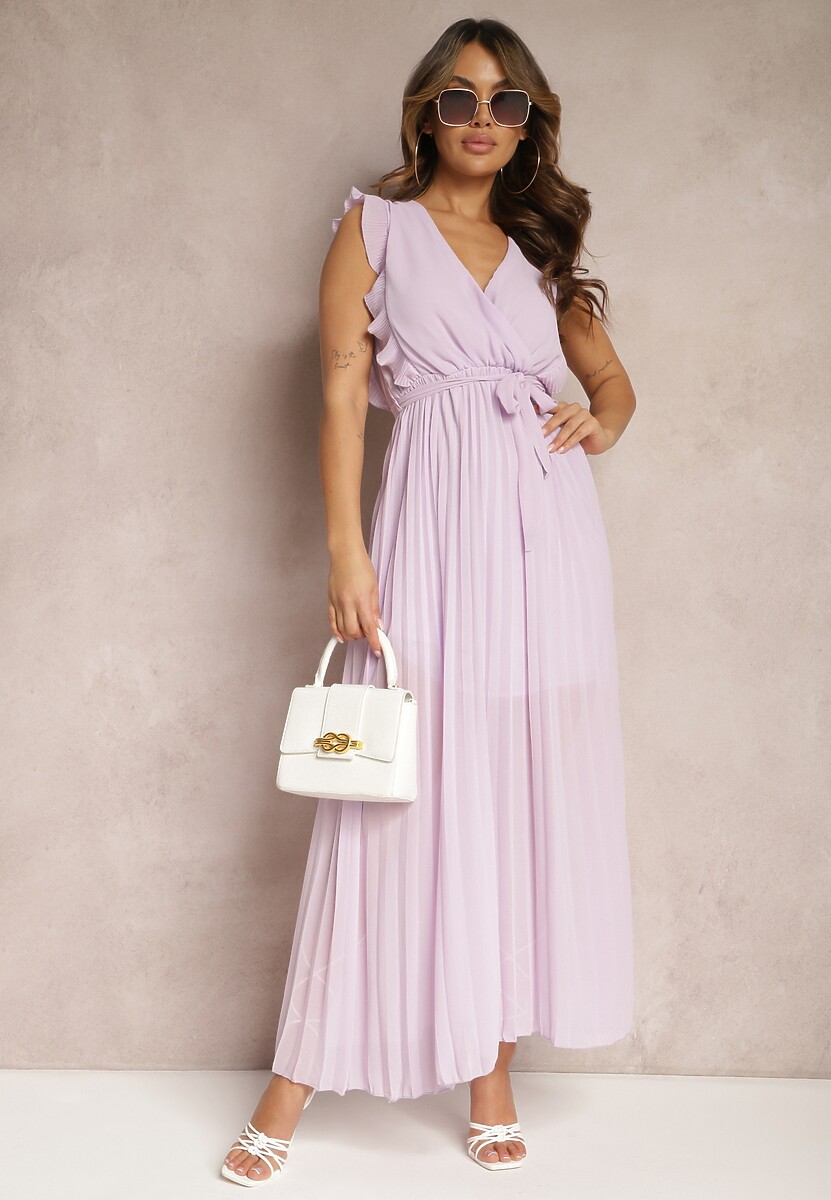 Biała Wiskozowa Sukienka Maxi z Plisowaniem o Rozkloszowanym Kroju i Kopertowym Dekolcie Fliceris