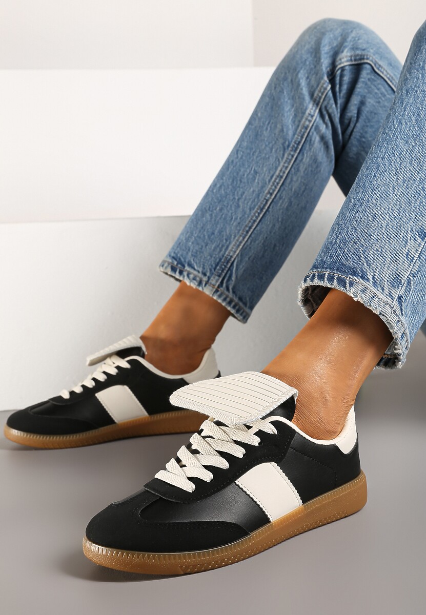 Czarne Sznurowane Płaskie Sneakersy z Geometrycznym Wzorem Felilva