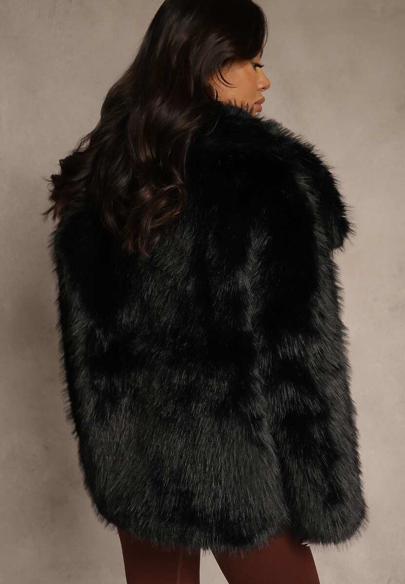 Czarna Dwurzędowa Kurtka Futerko Oversize Nenalla