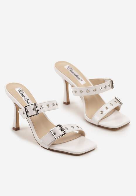 Białe Klapki na Obcasie z Kwadratowym Noskiem i Paskami ze Sprzączkami Rosaniela