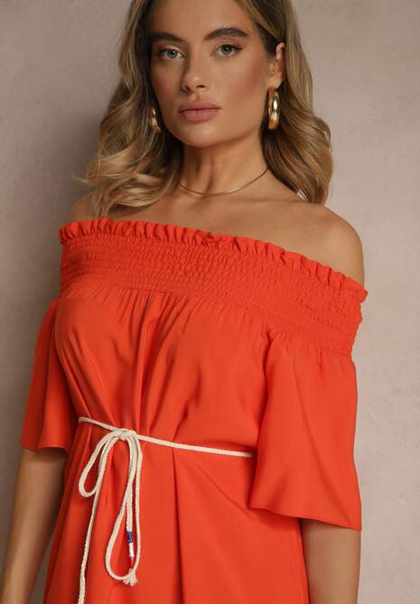 Pomarańczowa Sukienka Hiszpanka z Bawełną i Wiskozą Ozdobiona Sznurkiem Lilarelle