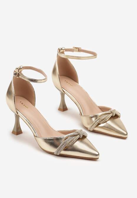 Złote Czółenka na Szpilce Vices z Cyrkoniową Kokardą Atennia