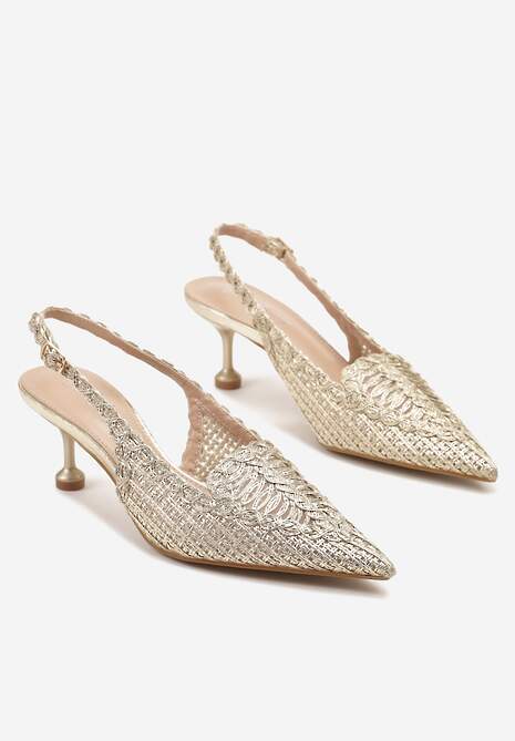 Złote Sandały na Szpilce z Geometrycznym Zdobieniem Typu Slingback Nevonira
