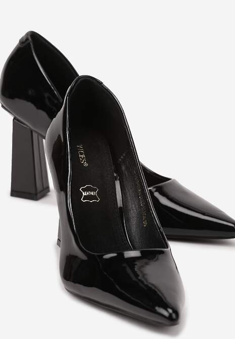 Czarne Lakierowane Czółenka na Słupku Vices z Wkładką ze Skóry Naturalnej Rocce