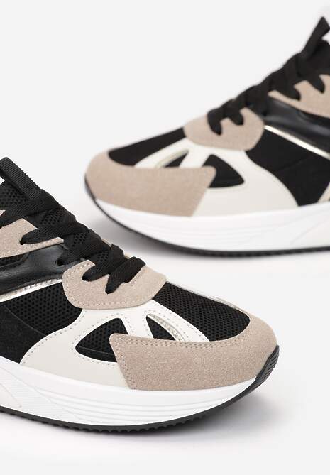 Czarne Sneakersy na Grubej Podeszwie z Ozdobnymi Wstawkami Faidneesi