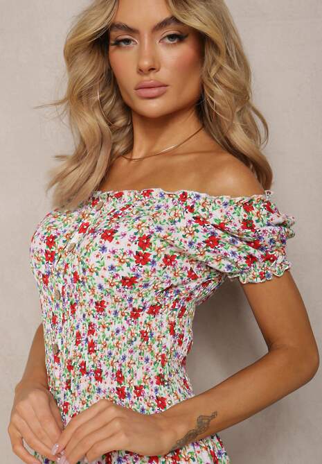 Biało-Różowa Midi Sukienka Hiszpanka z Bawełny w Kwiatowy Wzór Assetni