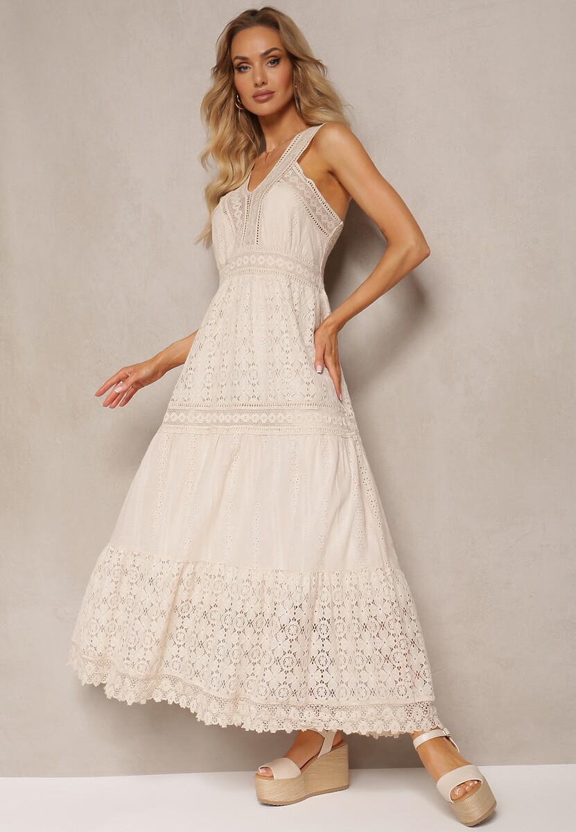 Beżowa Rozkloszowana Sukienka z Koronki z Trójkątnym Dekoltem i Falbanką Piolena