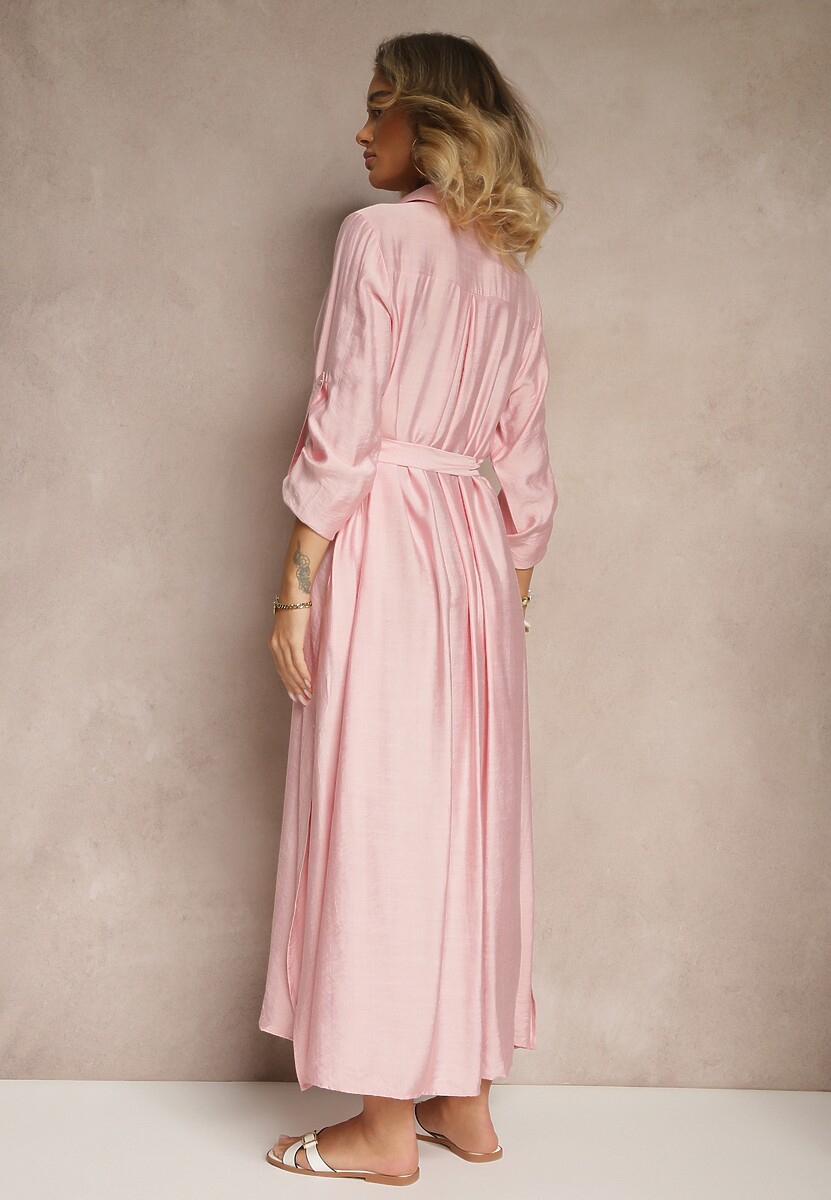 Różowa Sukienka Koszulowa z Wiskozą Ozdobiona Paskiem Cleonira