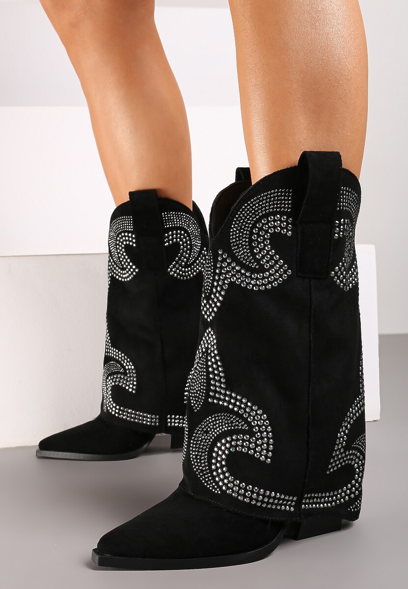 Czarne Botki Kowbojki na Słupku Wykończone Wywiniętą Nogawką z Cyrkoniami Evisya